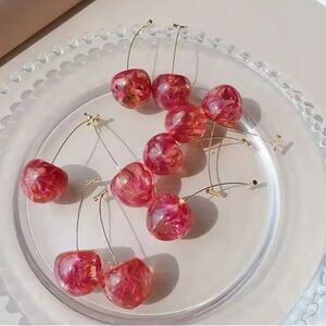 Anthropologie Pink Cherry Gold Drop Earrings